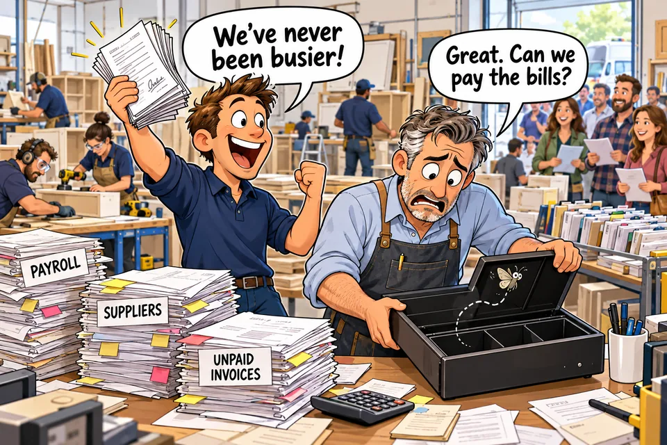 Cash flow cartoon in a busy workshop: a salesperson says ‘We've never been busier!’ while an owner opens an empty cash drawer and asks ‘Great. Can we pay the bills?’ beside payroll, supplier bills and unpaid invoices.