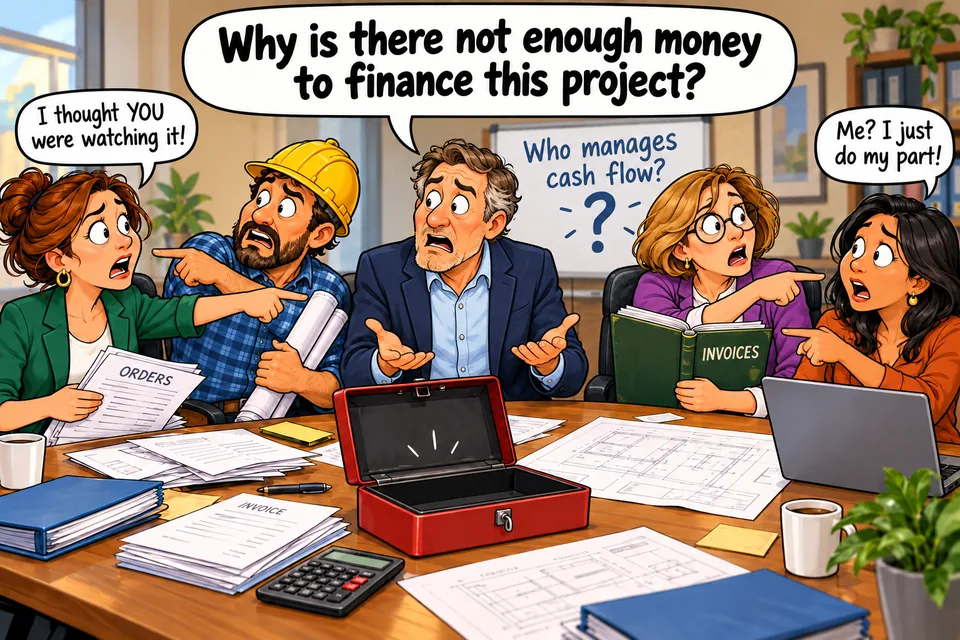 Office cartoon: a puzzled owner asks why there is not enough money to finance a project while four colleagues point at one another beside an empty cash box. A whiteboard asks ‘Who manages cash flow?’