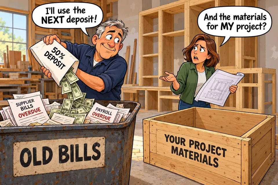 Customer deposit trap cartoon: a builder pours a 50% deposit into old bills while the customer's project materials crate is empty. The customer asks about her materials; the builder says ‘I'll use the NEXT deposit!’