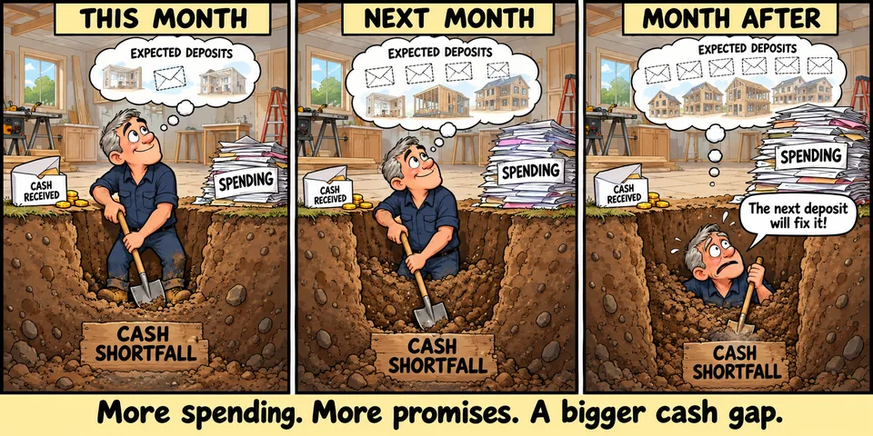 Three-panel cash flow cartoon: over successive months, a builder digs a deeper cash shortfall as spending grows faster than cash received. He imagines more expected deposits and says ‘The next deposit will fix it!’ Caption: ‘More spending. More promises. A bigger cash gap.’
