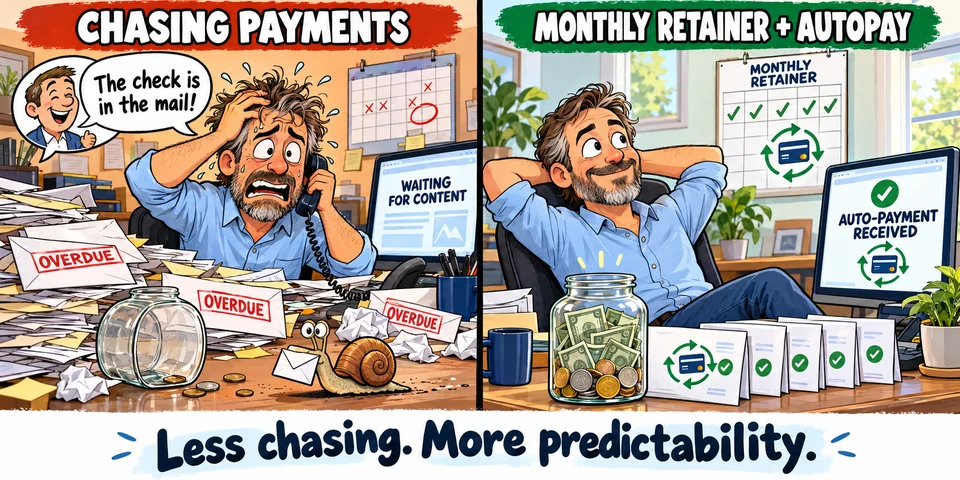 Before-and-after cartoon: a stressed website business owner chases overdue checks while a client says ‘The check is in the mail!’ After switching to monthly retainers and automatic card payments, he sits calmly beside payment confirmations and a fuller cash jar. Caption: ‘Less chasing. More predictability.’