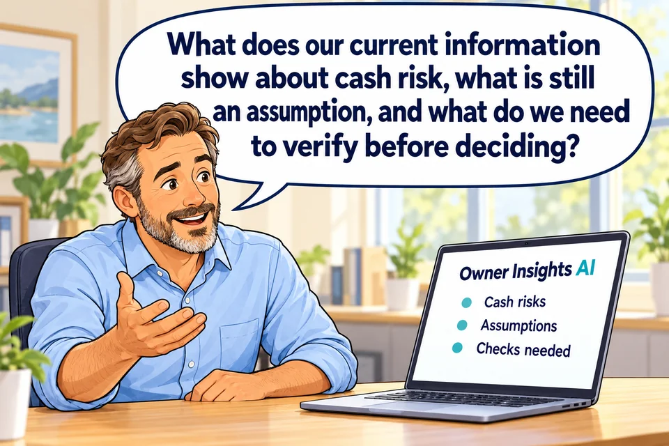 Cartoon business owner asks Owner Insights AI on his laptop what the current information shows about cash risk, which parts are assumptions, and what needs verification before deciding. The laptop lists cash risks, assumptions and checks needed.